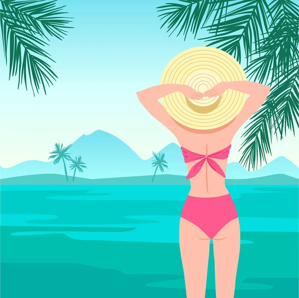 海滩上戴草帽和泳衣的女孩 海滨风景上的矢量图解 — 图库矢量图片#