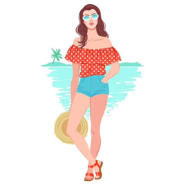 Girl Sunglasses Summer Look Top Shorts Sandals Strawhat Vector Fashion - Stok Vektor