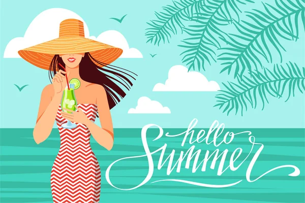 戴着帽子 身穿泳衣 带着鸡尾酒的女孩 热带地区的病媒图片 手写体字母Hello Summer — 图库矢量图片#