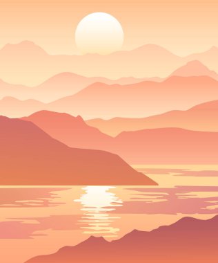 Dağlarda ve denizde gün doğumu veya gün batımı, panorama, manzara, vektör illüstrasyonu.