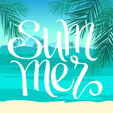 Yaz, el yazması mektuplar, palmiye yaprakları, deniz, sahil, vektör posteri.