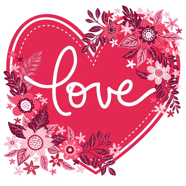 Cartão Dos Namorados Silhueta Coração Flores Fundo Branco Letras Escritas — Vetor de Stock