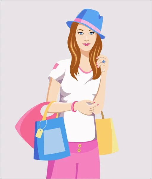 Симпатичная девушка в магазине с сумками — стоковый вектор