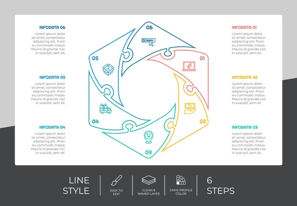 Steps Hexagon Infographic Vector Design Line Concept Marketing Process Infographic — Stock Vector