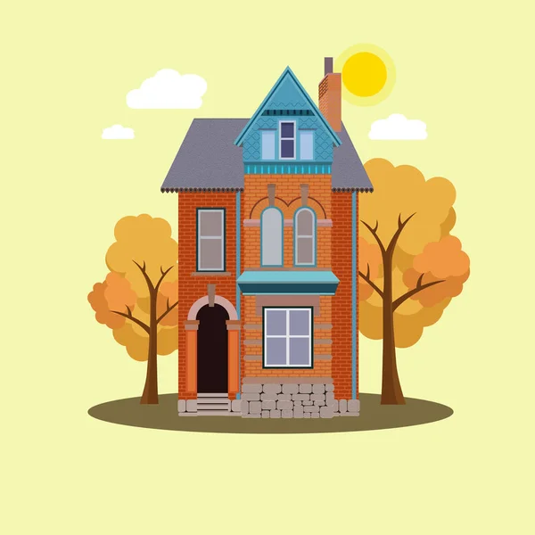 Zweistöckiges Haus Orangefarbener Farbe Flachen Stil Mit Pflanzen — Stockfoto