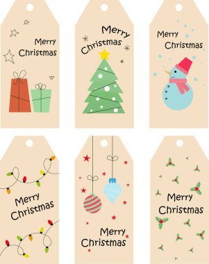 Kardan adam, xmas hediye, ağaç ve noel hediyelerinin olduğu Noel etiketleri koleksiyonu beyaz arka planda