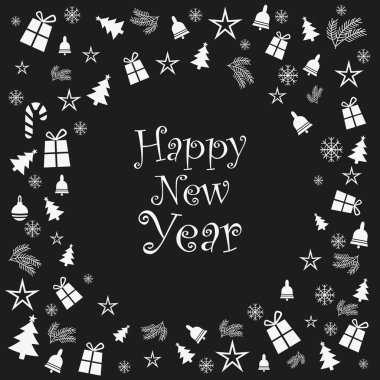 Oyuncaklarla, Noel ağacıyla ve siyah arka planda hediyelerle dolu mutlu yıllar kartı.