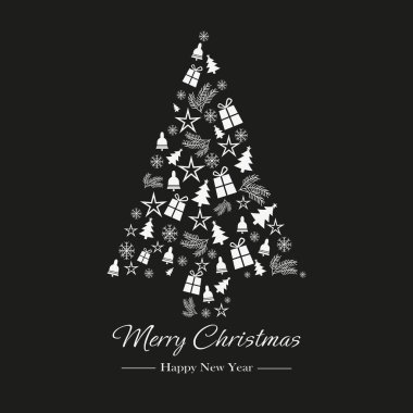 Mutlu noel kartları, siyah arka planda oyuncaklar ve hediyeler olan Noel ağacı şeklinde.