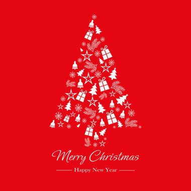 Kırmızı arka planda oyuncaklar ve hediyeler olan bir Noel ağacı şeklinde mutlu Noeller kartı