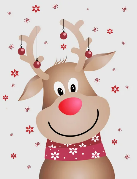 Beyaz arka planda eşarplı ve taşaklı bir Noel geyiği ve kar taneleri