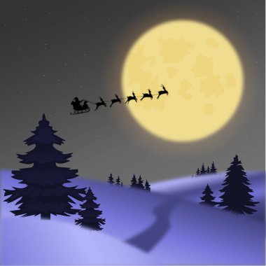 Ay altında Noel ağaçları ve ren geyikleriyle uçan Noel Baba 'yla kar yağışı