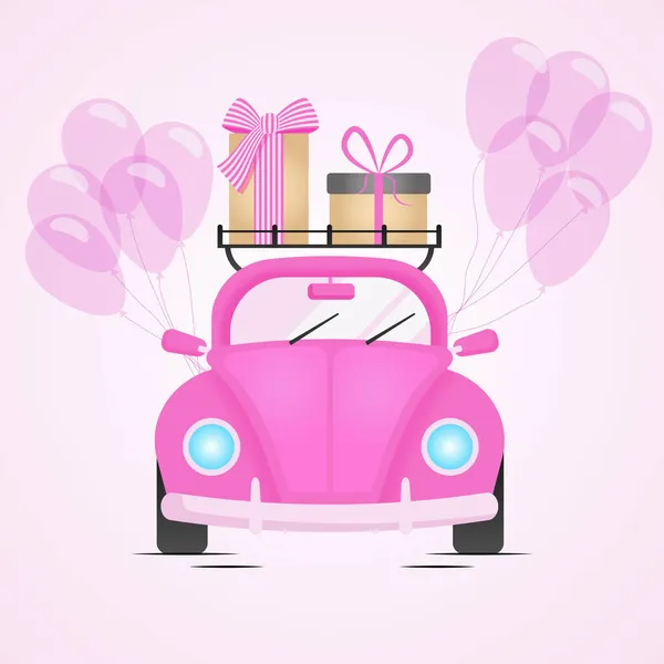 Çatıda hediyeler ve açık pembe arka planda balonlar olan pembe bir araba. Doğum günü arabası.