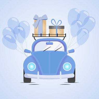 Çatıda hediyeler ve açık mavi arka planda balonlar olan mavi bir araba. Doğum günü arabası.