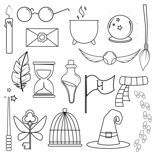 Beyaz arka planda sihirli elementler. Şapka, atkı, tüy, süpürge, sihirli değnek