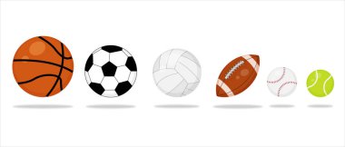  Spor topu simgelerini ayarlayın. Futbol, Futbol, Basketbol, Tenis, Beyzbol, Voleybol. Vektör illüstrasyonu