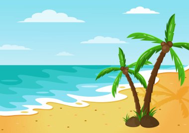 Yaz plaj arka plan. Kumlu sahil, palmiye ağacı ve meslek sahil seyahat vektör karikatür fon illüstrasyon ile deniz kıyısı