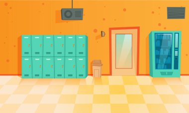  Okul koridoru boş. İçi metal dolaplarla dolu.