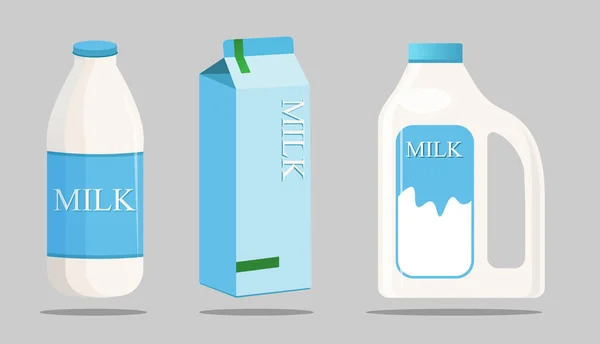  Farklı paketlerdeki süt seti: mavi arka planda izole edilmiş bardak, karton, şişe. Tasarım süt ürünleri, logo çiftliği, market, sağlıklı gıda vesaire için elementler.