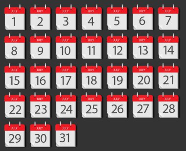 Calendar mounts for Jule isolated vector icons on black background. Week calendar schedule. Business plan schedule.