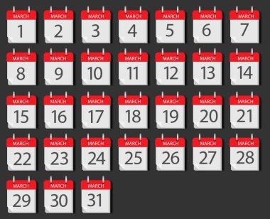 Calendar mounts for March isolated vector icons on black background. Week calendar schedule. Business plan schedule.