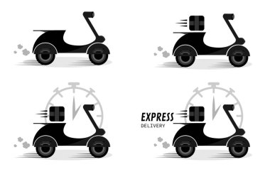 Online delivery service, home and office delivery. Delivery by scooter. Express delivery by black scooter on white background