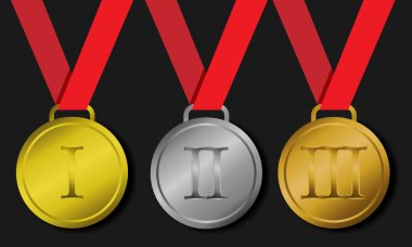 Spor madalya. Kırmızı kurdele ile altın gümüş bronz madalya. Onur vektör izole şablonunun kazanan ödül şampiyonu.