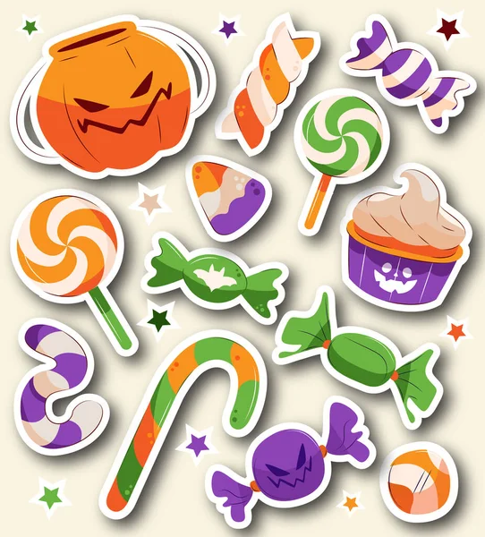  Set of Halloween stickers on white background. Pumpkins, Candies, lollipops and sweets. Isolated pack of stickers with Halloween elements. Vector flat sticker