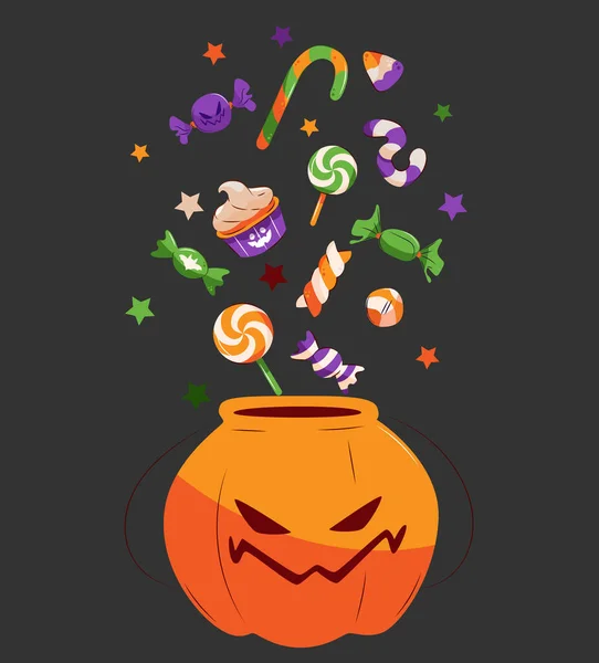 Trick or treat party bucket full of candy (bag, cauldron, pumpkin). Set of Halloween candies for kids. Collection of vector sweets - lollipops, caramel, candy with skulls. Isolated on black background