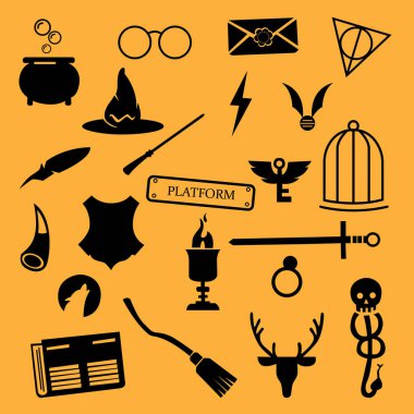 Vector hand drawn illustration of Witch and magic item illustration on yellow background.