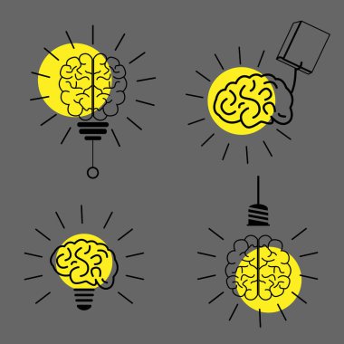  Beyin Ampulü Lambası Simge Sembol Vektör Logosu Konsepti. Siyah arkaplan üzerine Fikir Logosu İllüstrasyonu