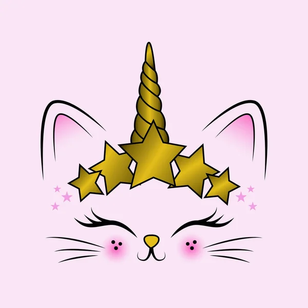 Kucing Unicorn Emas Dengan Latar Belakang Merah Muda Untuk Desain - Stok Vektor