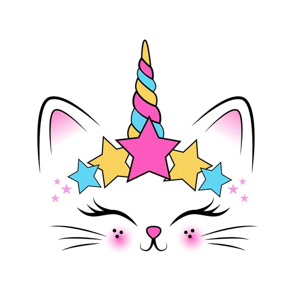 Beyaz arka planda şirin tek boynuzlu at kedisi. Poster ve tişört tasarımı için..