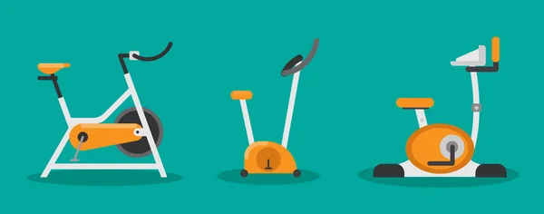 Düz illüstrasyon spor simülatörleri kümesi. Vektör öğeleri infographics için. Spor eğitim cihazları