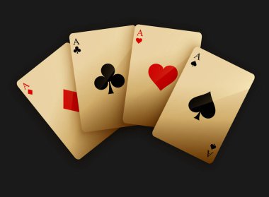 Kağıt oynayan dört as seti. Poker eli kazanmak. Kupa, maça, sinek ve elmas as takımı.