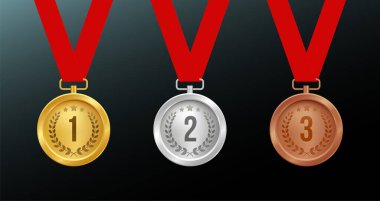 Spor madalya. Kırmızı kurdele ile altın gümüş bronz madalya. Onur vektör izole şablonunun kazanan ödül şampiyonu.