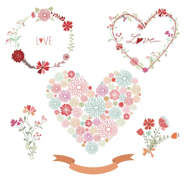 Marcos florales y corazón con flores Gráficos Vectoriales
