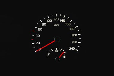 Arabadaki hız göstergesi. Araba konsolu. Gösterge paneli, lambalar, araba enstrüman paneli. Hız göstergesi olan gösterge paneli 0 km / saat gösteriyor. Arabanın modern iç tasarımı.