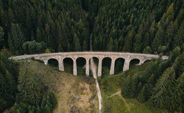 Demiryolu köprüsü - Slovakya 'nın Avrupa' da Telgart Viaduct 'u (üstten) güzel çam ormanı ve viyadük altında yolu ile. Tren raylarının insansız hava aracı ile havadan çekilmiş fotoğrafı. Geniş açı görüntüsü..