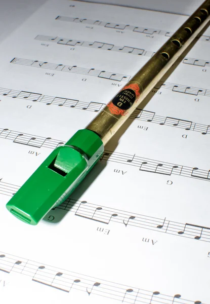 Note sheet and irish tin whistle — Stock Photo, Image