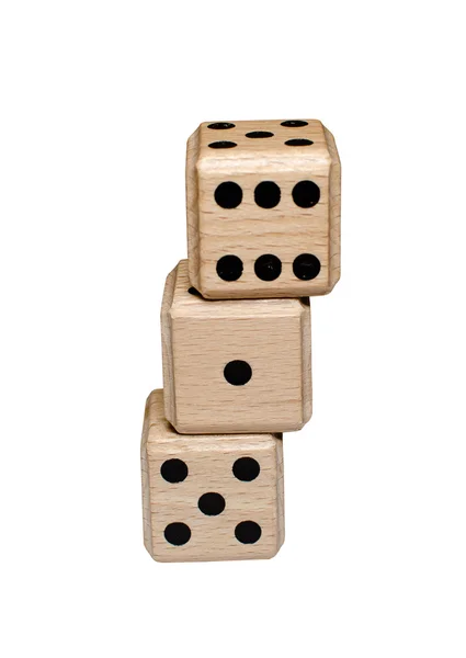 Isolated leaning stack of wooden dice — Stock Photo, Image