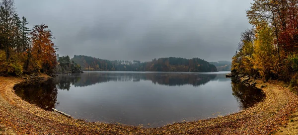Туманный Пейзаж Спокойным Озером Осенним Лесом Озере Оттенштайн Австрии — стоковое фото