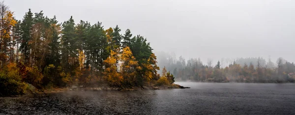 Paysage Brumeux Avec Lac Calme Forêt Automne Lac Ottenstein Autriche — Photo