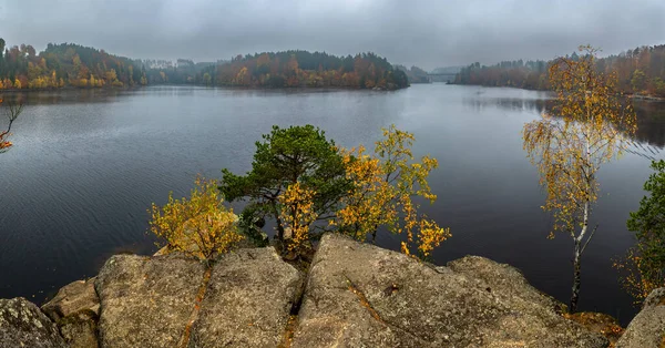 Foggy Landscape Calm Lake Autumnal Forest Lake Ottenstein — стокове фото