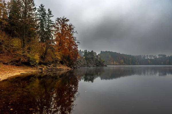 Foggy Landscape Calm Lake Autumnal Forest Lake Ottenstein Austria — Stock Photo, Image