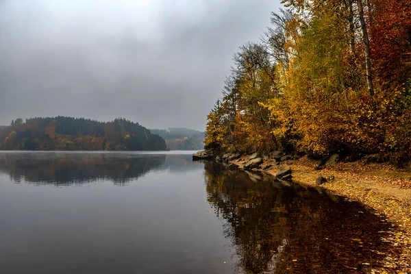 Paisaje Brumoso Con Lago Tranquilo Bosque Otoñal Lago Ottenstein Austria —  Fotos de Stock