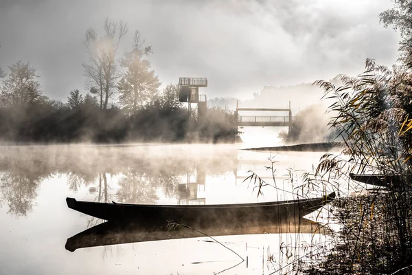 Foggy Landscape Boats River Bank Bridge River Danube National Park — Stock Photo, Image