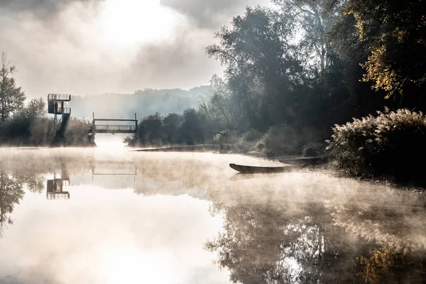 Foggy Landscape Boats River Bank Bridge River Danube National Park — Stock Photo, Image