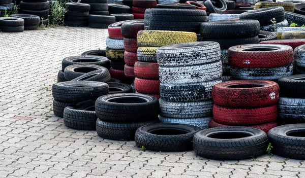 Pile Old Used Car Bike Tyres Representing Hazardous Waste Material —  Fotos de Stock