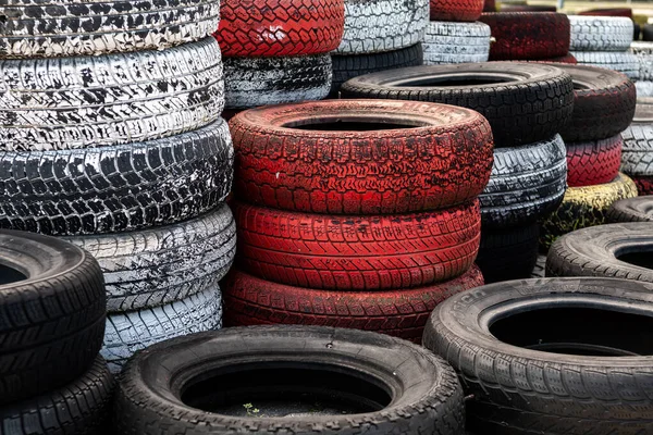 Pile Old Used Car Bike Tyres Representing Hazardous Waste Material — Stok fotoğraf