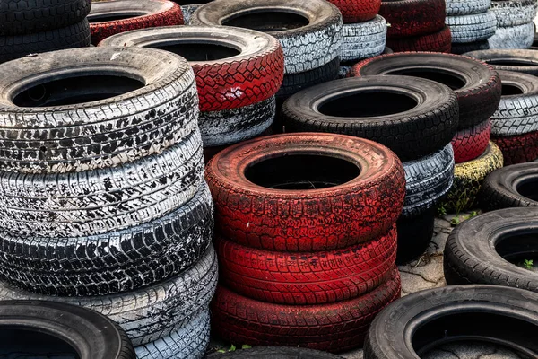 Pile Old Used Car Bike Tyres Representing Hazardous Waste Material — Stockfoto